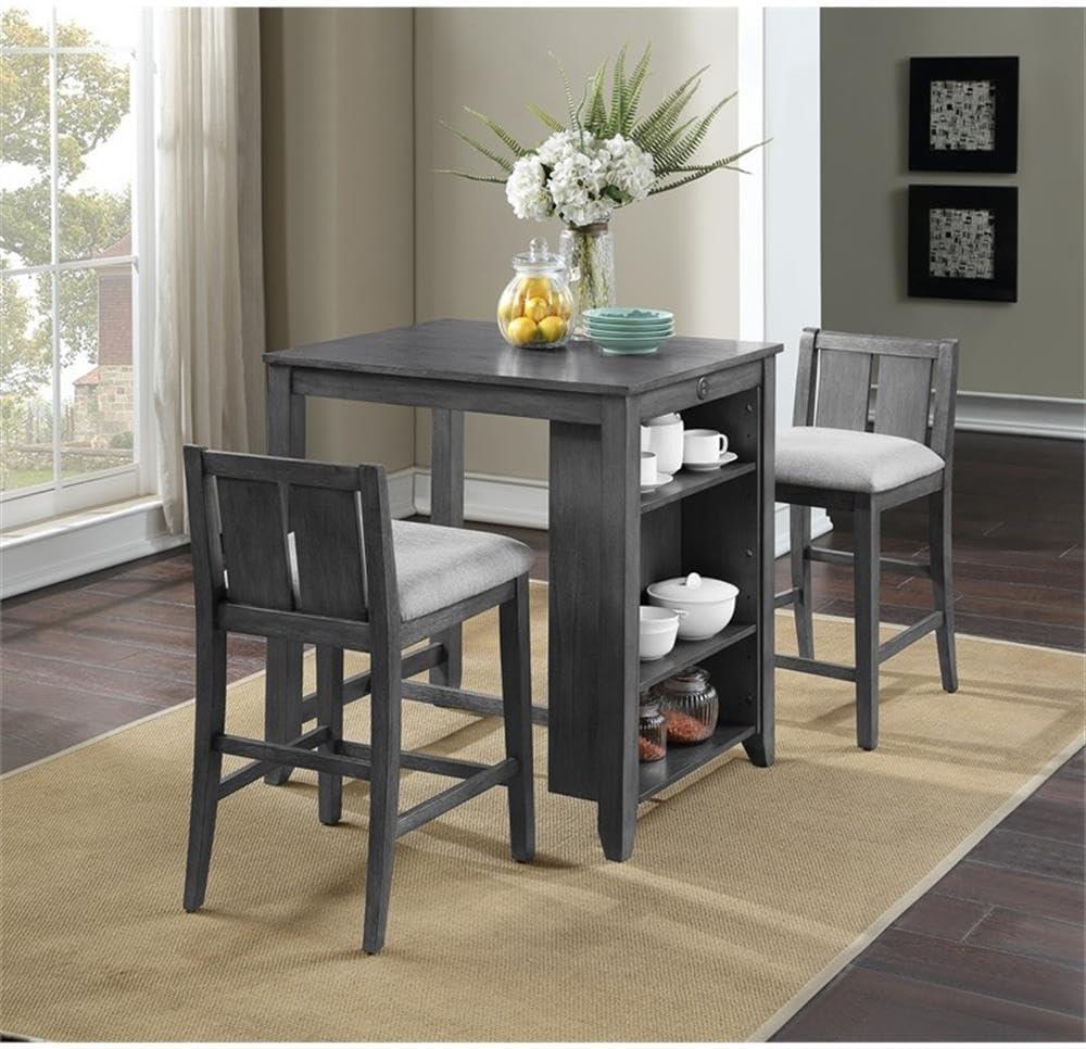 Gray Rubberwood 36-Inch Storage Counter Table Set with Two Chairs