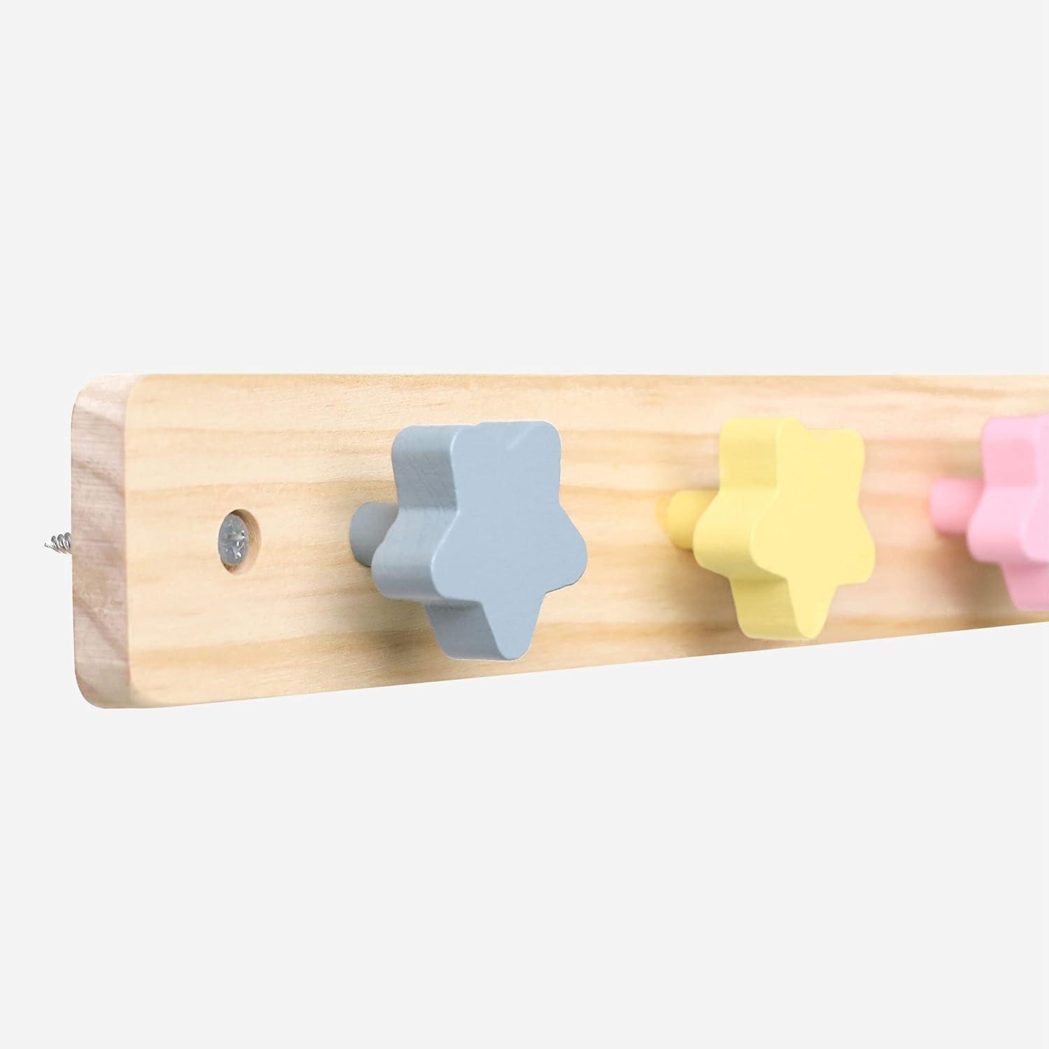 Natural Pine Star Shaped Kids Coat Rack with Colorful Hooks