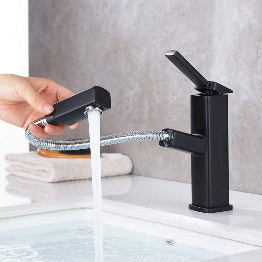 Black Brass Bathroom Faucet with Pull-Out Sprayer