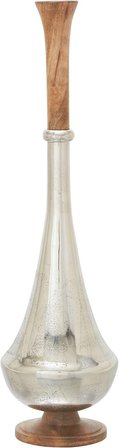 Tall Silver and Wood Floor Vase with Slender Neck