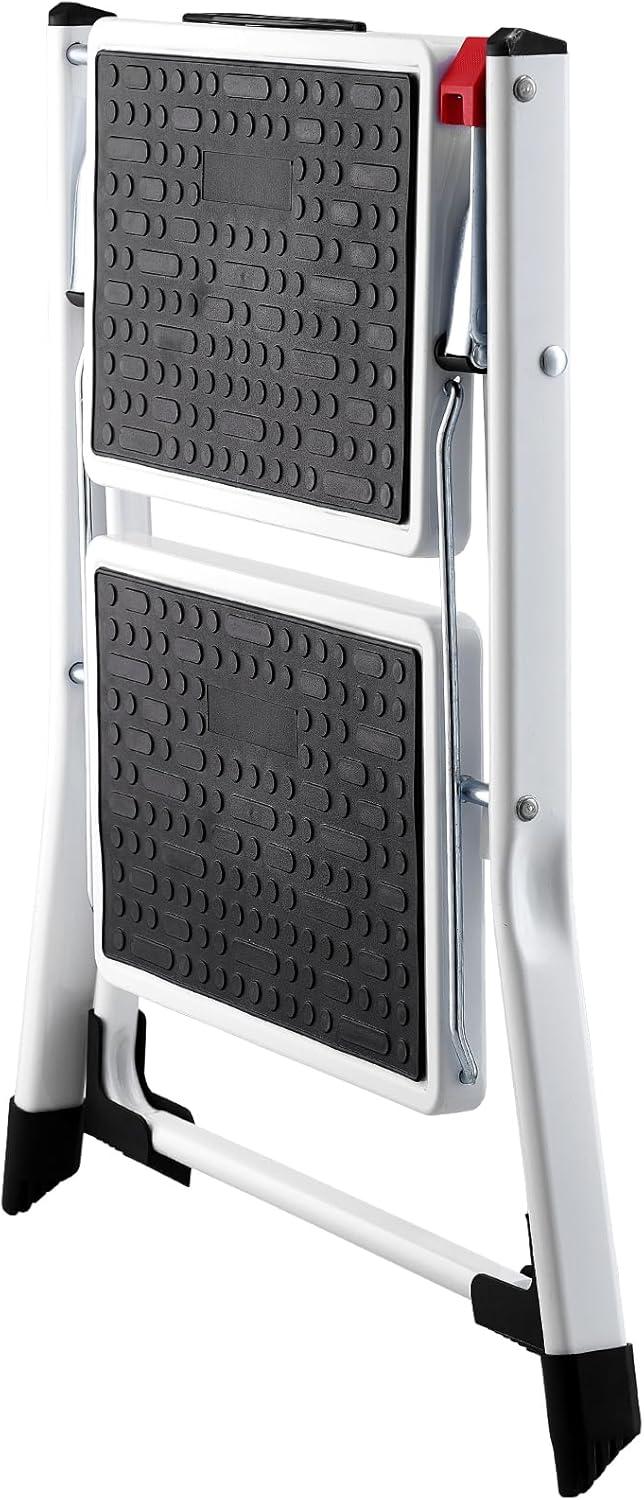 Foldable White Steel 2-Step Ladder with Anti-Slip Pedal