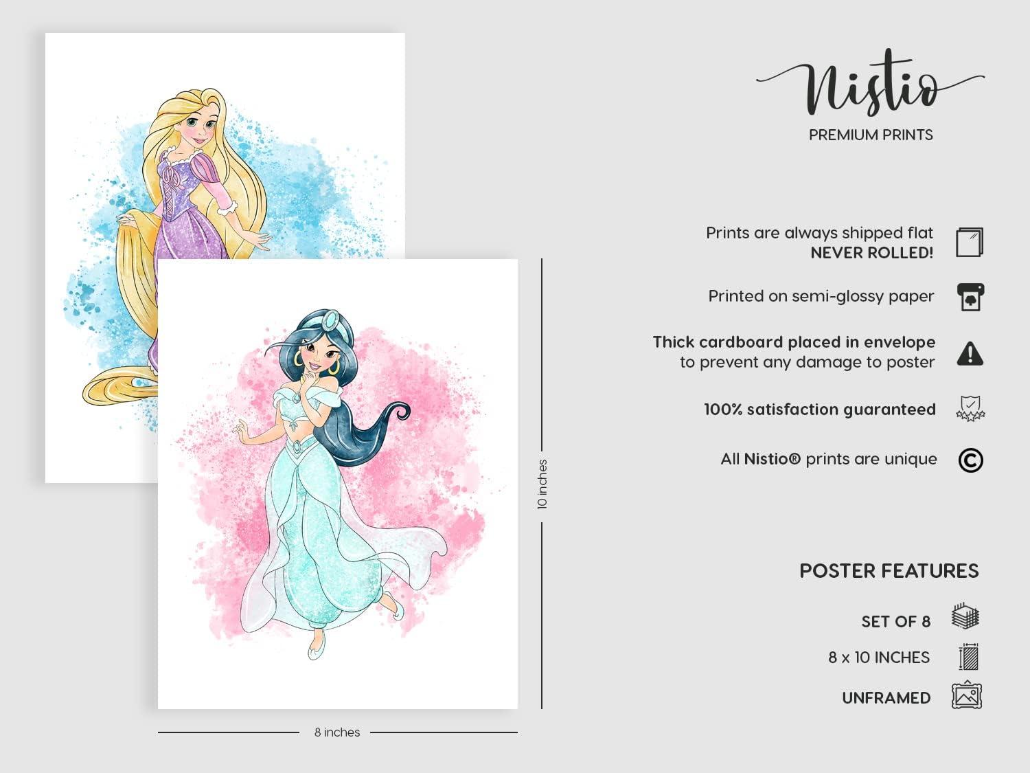 Nistio® Disney Princess Watercolor Prints, Princess Wall Art Posters, Set of 8, Girls Bedroom Poster, Princess Playroom Decor, Nursery Prints, Unframed, 8x10"