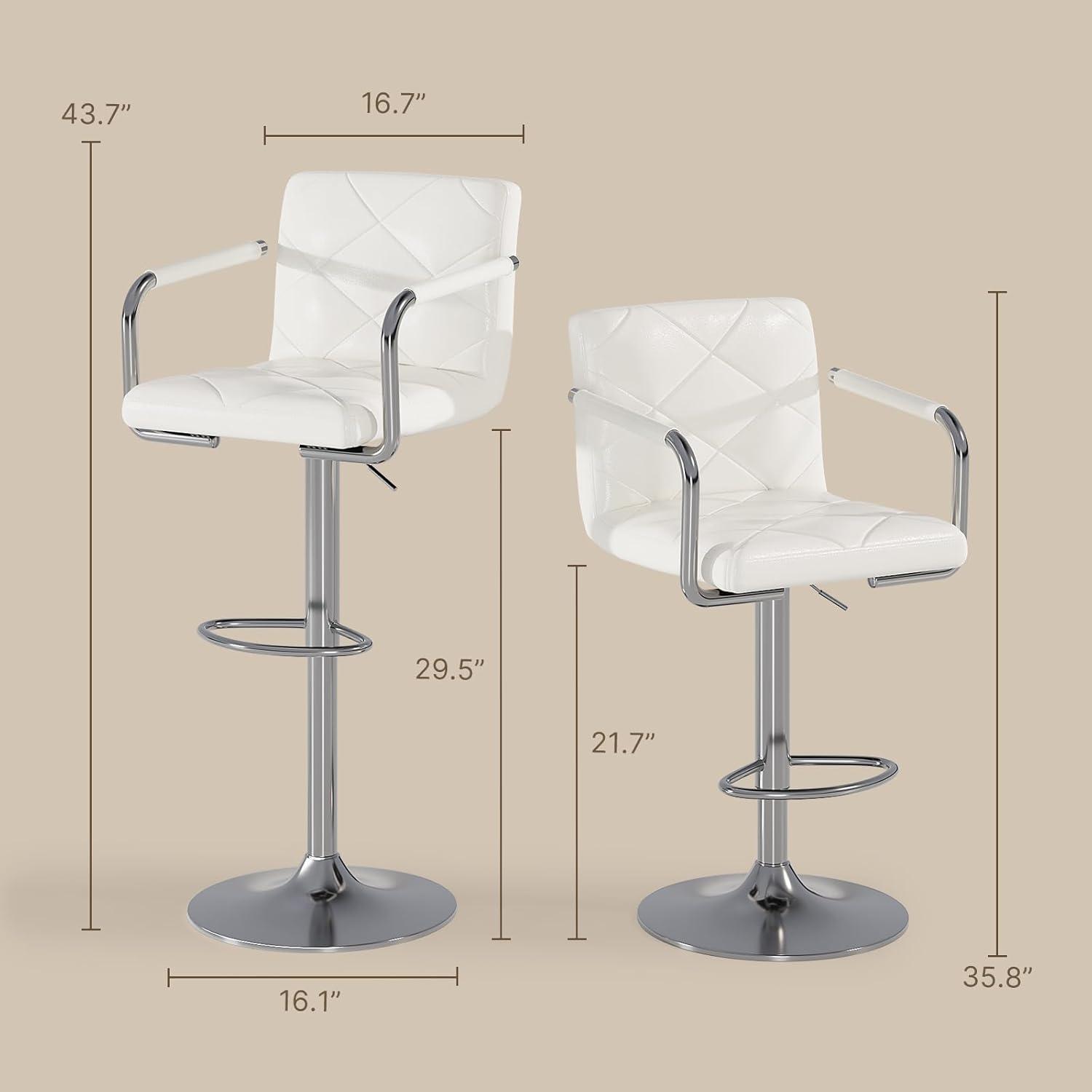 ChicCrest Tall Bar Stools Set of 2 Modern Square PU Leather Adjustable BarStools Counter Height Stools with Arms and Back Bar Chairs 360 Swivel Stool White