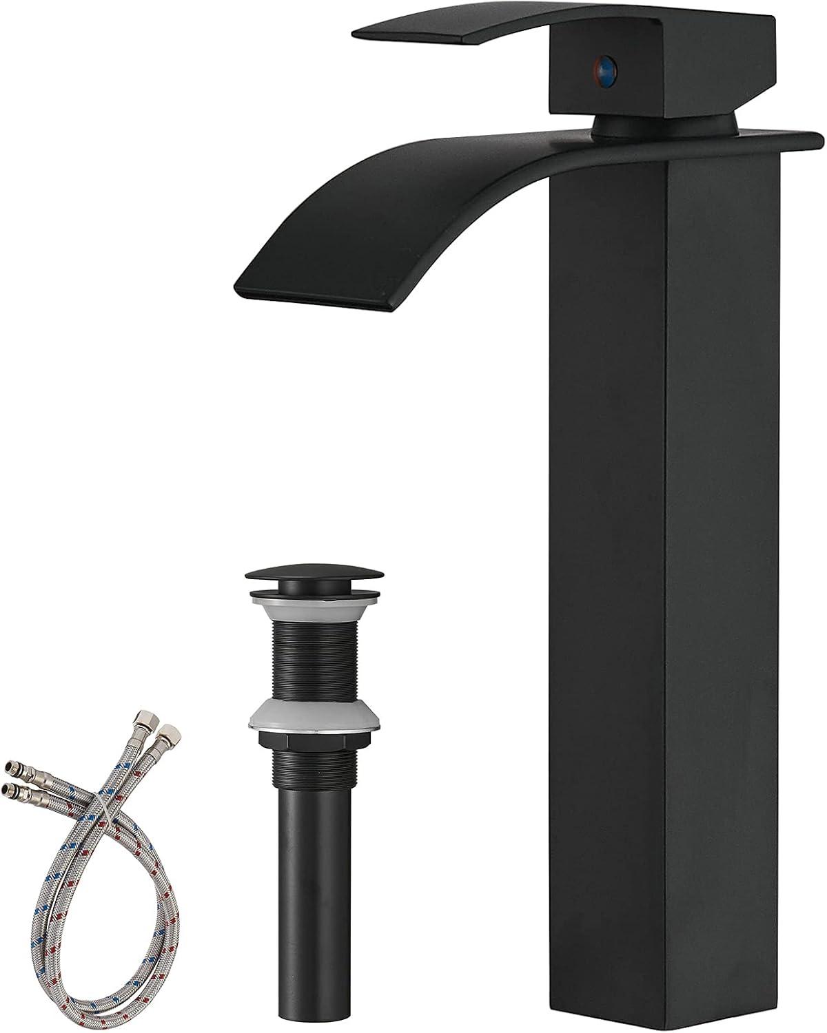 Matte Black Modern Waterfall Vessel Sink Faucet with Pop-Up Drain