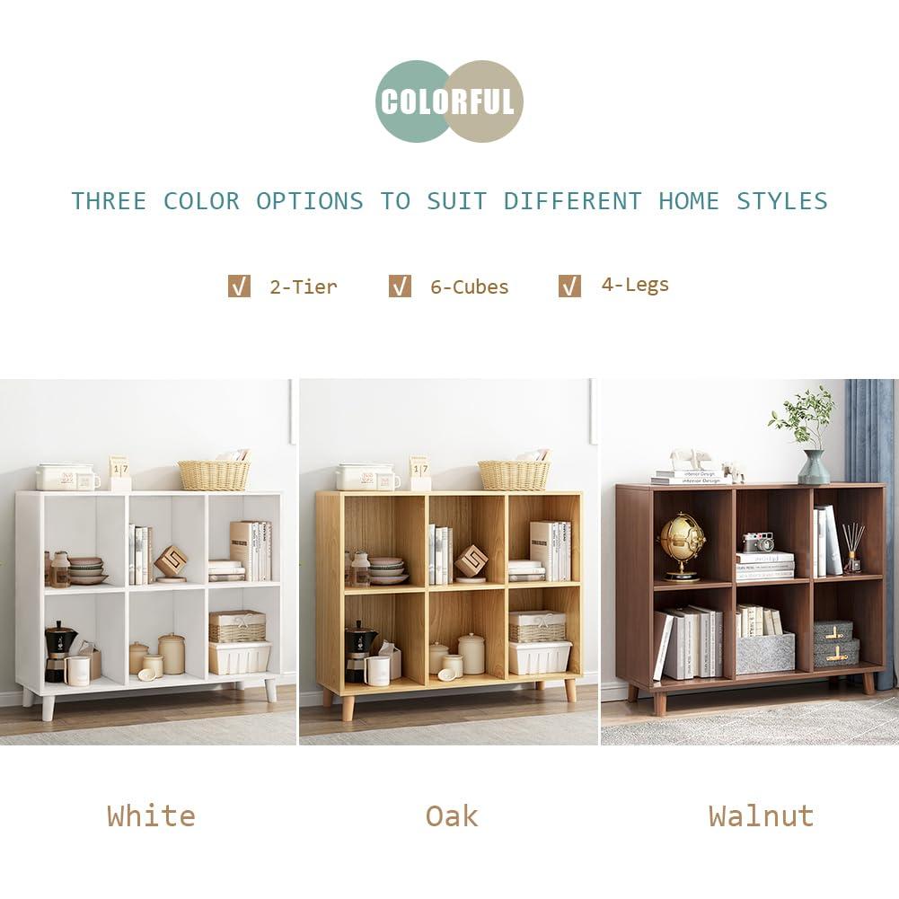 IOTXY Open Cube Low Bookcase - 2-Tier Freestanding Storage Display Cabinet Organizer with Legs for Home Office, 6-Cubes Open Shelf Short Bookshelf, White