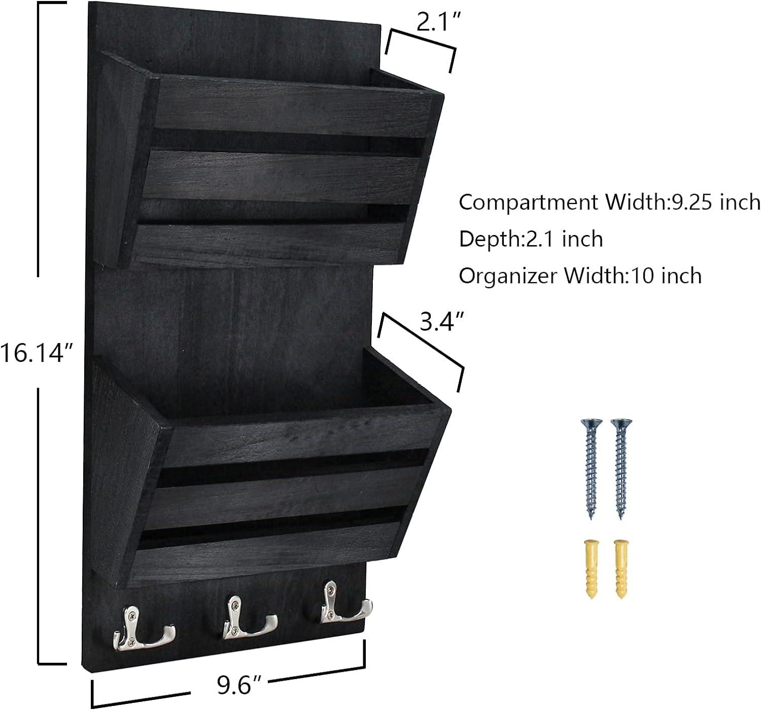 Black Rustic Wood Wall Mail Organizer with Key Hooks