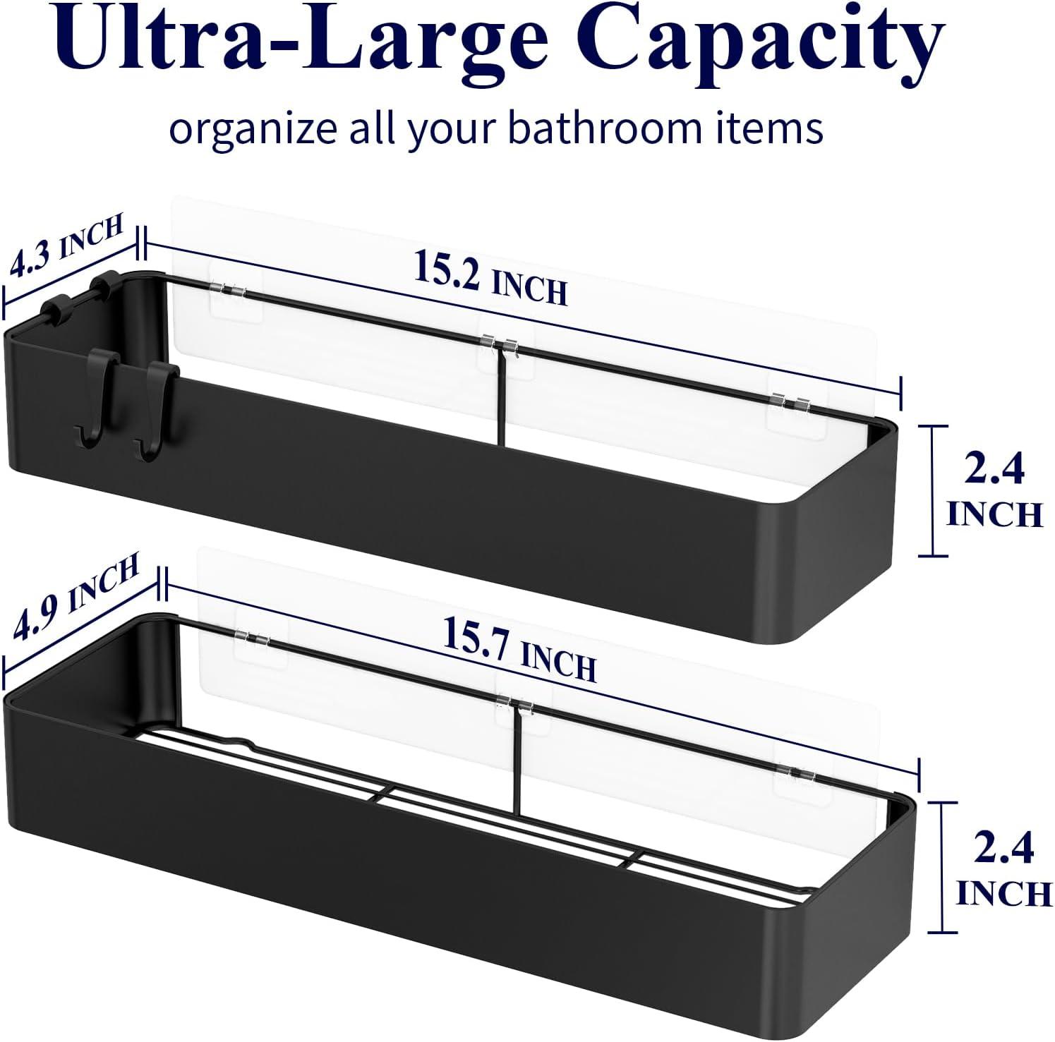 Kitsure X-Large Shower Caddy - 2 Pack Adhesive Shower Organizer, Rustproof Metal Shelves, No-Drill Bathroom Organizers and Storage, Black