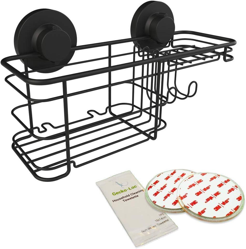 Gecko-Loc Combo Shower Caddy Bathroom Organizer Suction Holding Single Shelf Basket Stainless steel - Black Finish