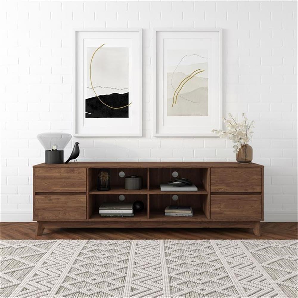 Hollywood Wood Grain TV Stand for TVs up to 85" with Drawers Brown - CorLiving: Mid-Century Modern Media Console