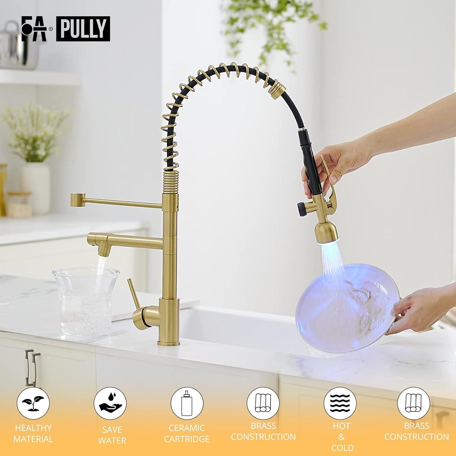 Brushed Gold High Arc Pull-Down Kitchen Faucet with LED Light