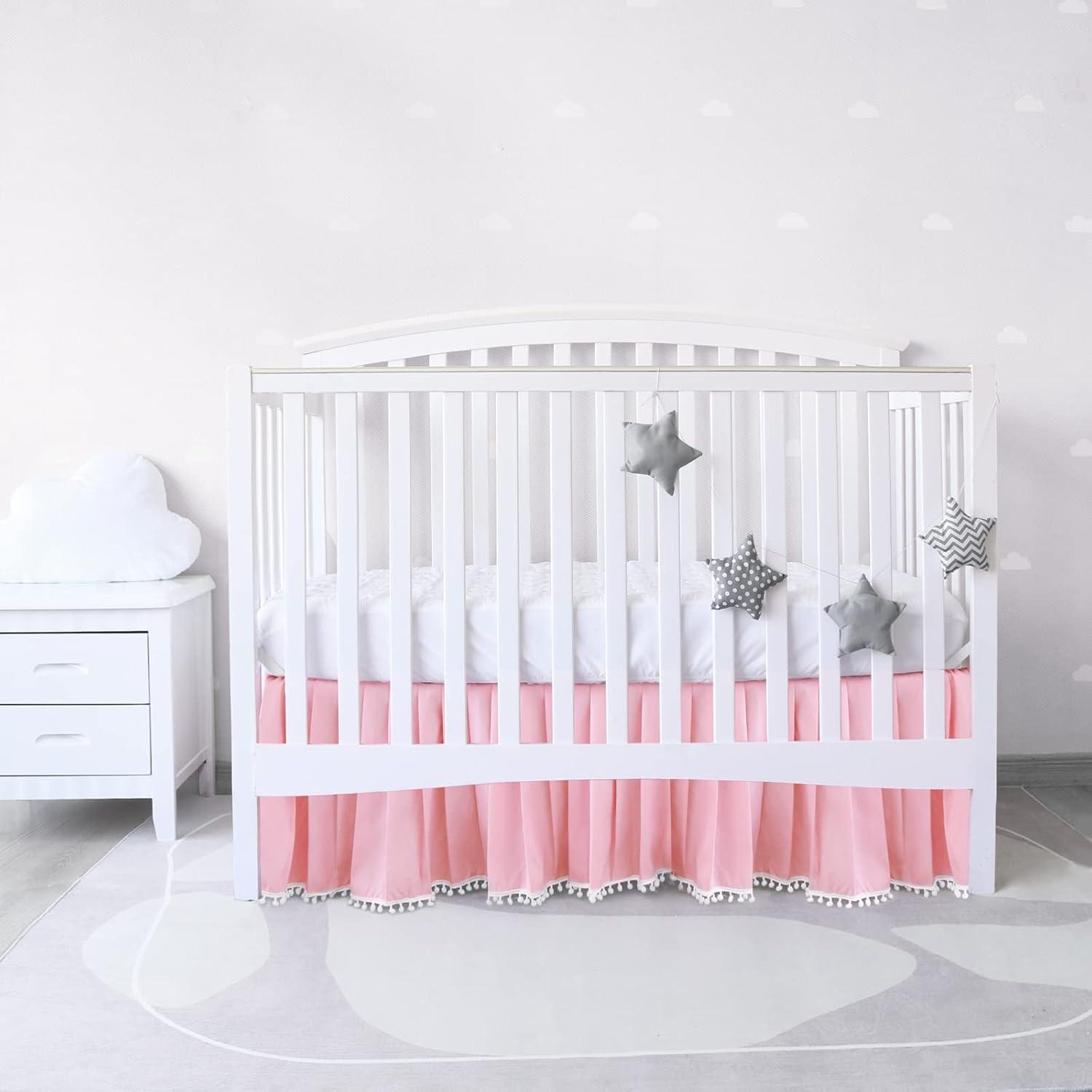 Pink Crib Skirt Pleated with White Lovely Pompoms, Bedding Dust Ruffle for Girls, 14" Drop, Fit All Standard Crib Bed, Fade Resistant Crib Bed Skirt Machine Wash