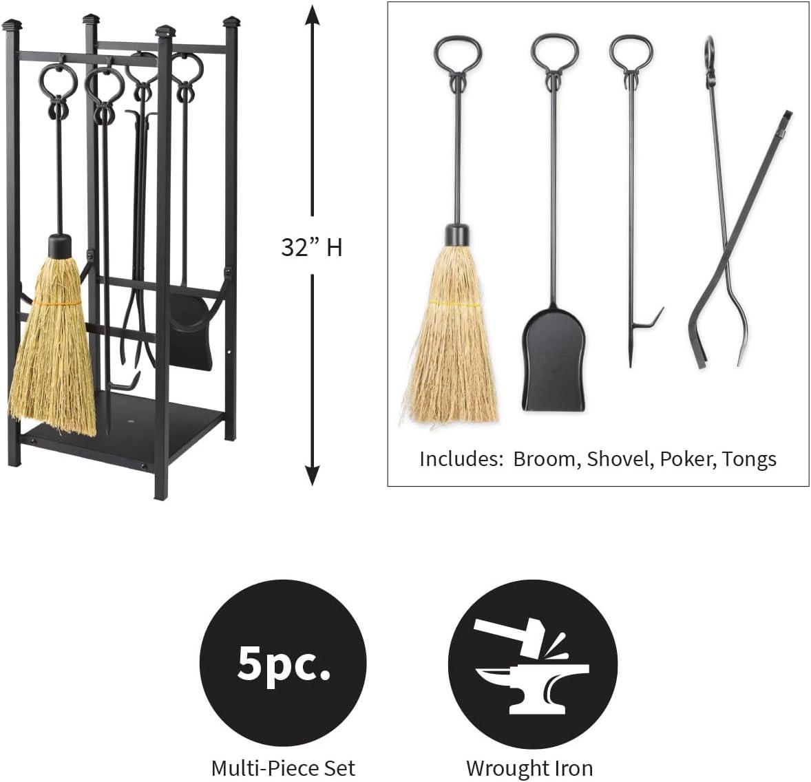 Compact Black Steel Fireplace Log Rack with Tool Set