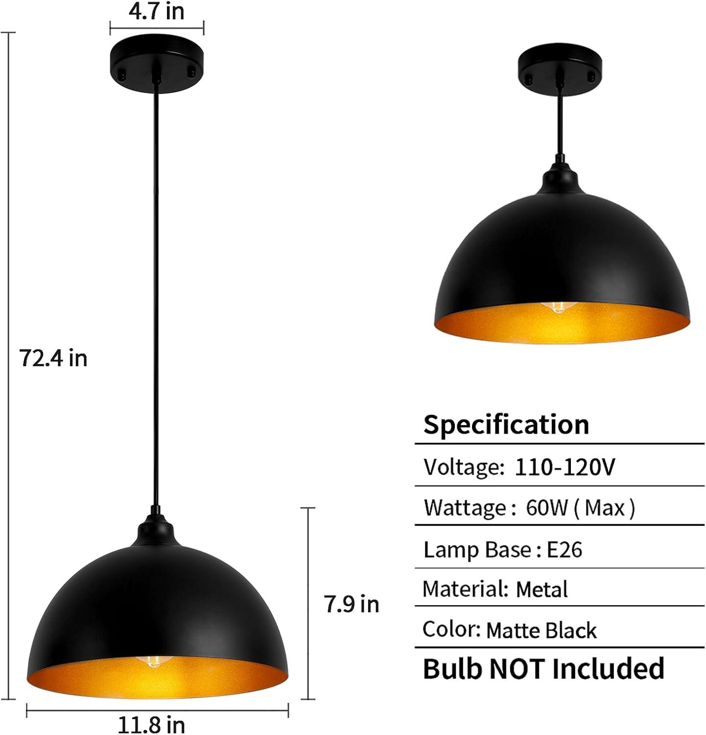 2-Pack Black Pendant Lights, 11.81'' Modern Pendant Lights Kitchen Island, Dome Large Pendant Light for Dining Room Foyer Bedroom Entryway Hallway Light Fixtures