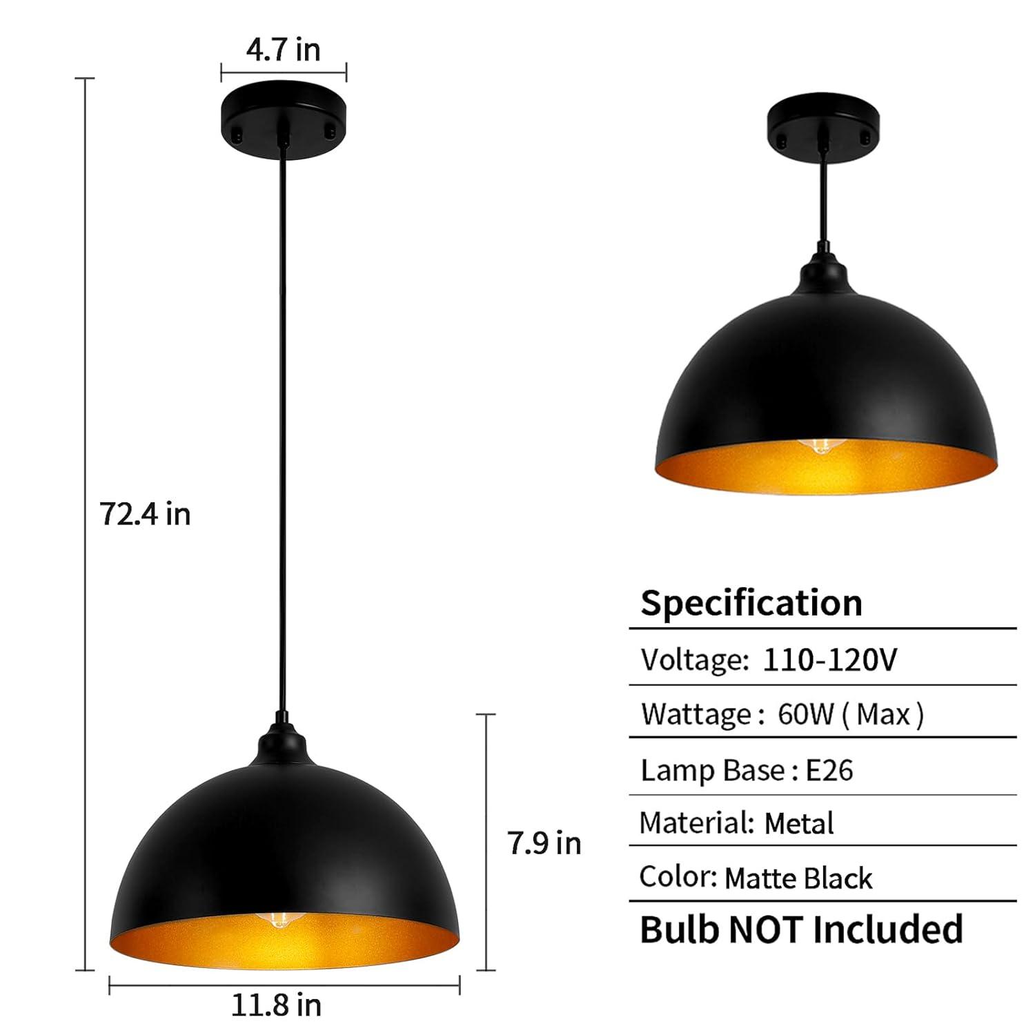 2-Pack Black Pendant Lights, 11.81'' Modern Pendant Lights Kitchen Island, Dome Large Pendant Light for Dining Room Foyer Bedroom Entryway Hallway Light Fixtures