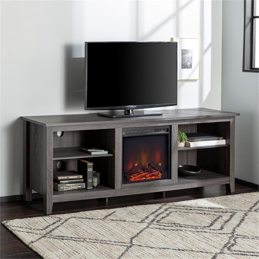 we furniture 70" wood media tv stand console with fireplace - charcoal