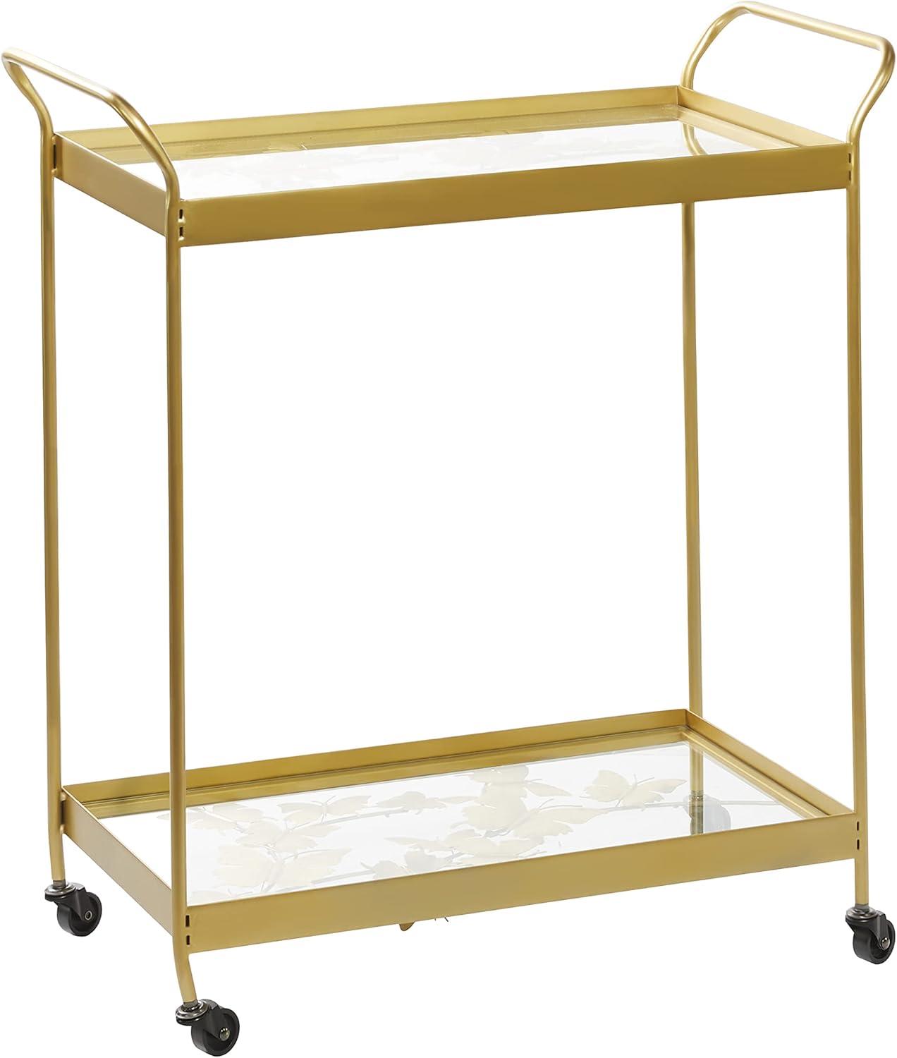 Sleek Gold Contemporary Rectangular Bar Cart with Glass Shelves