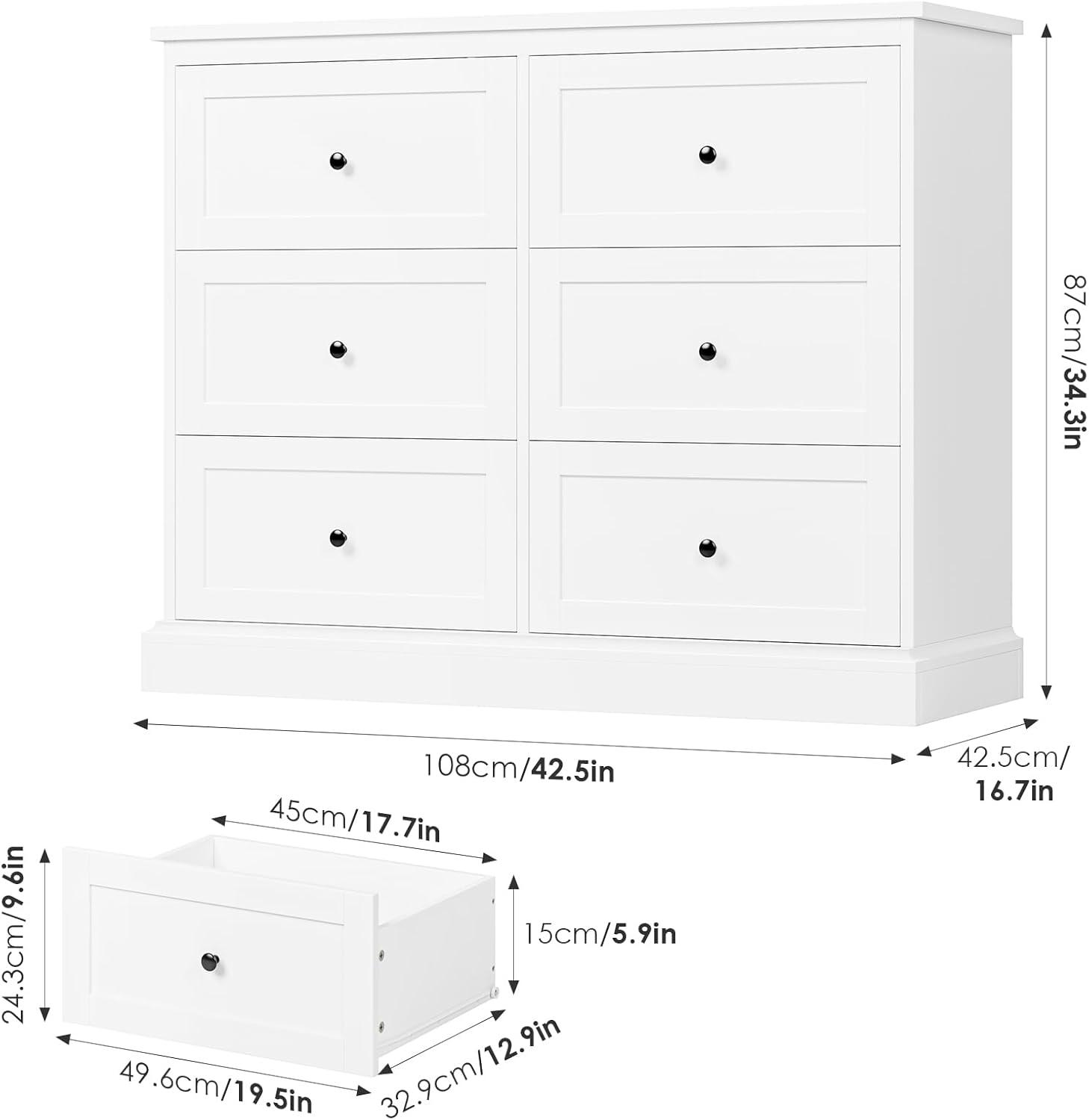 Homfa 6 Drawer Double Dresser White, Wood Storage Cabinet for Living Room, Chest of Drawers for Bedroom