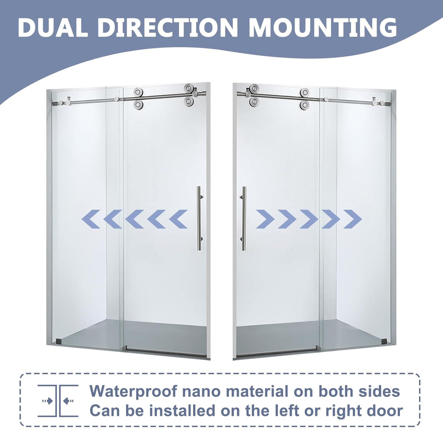 Frameless Sliding Shower Door, 76 x (44-48) Inch Frameless Shower Door, 5/16" (8mm) Clear Tempered Glass in Brushed Nickel Finish, Glass Shower Door