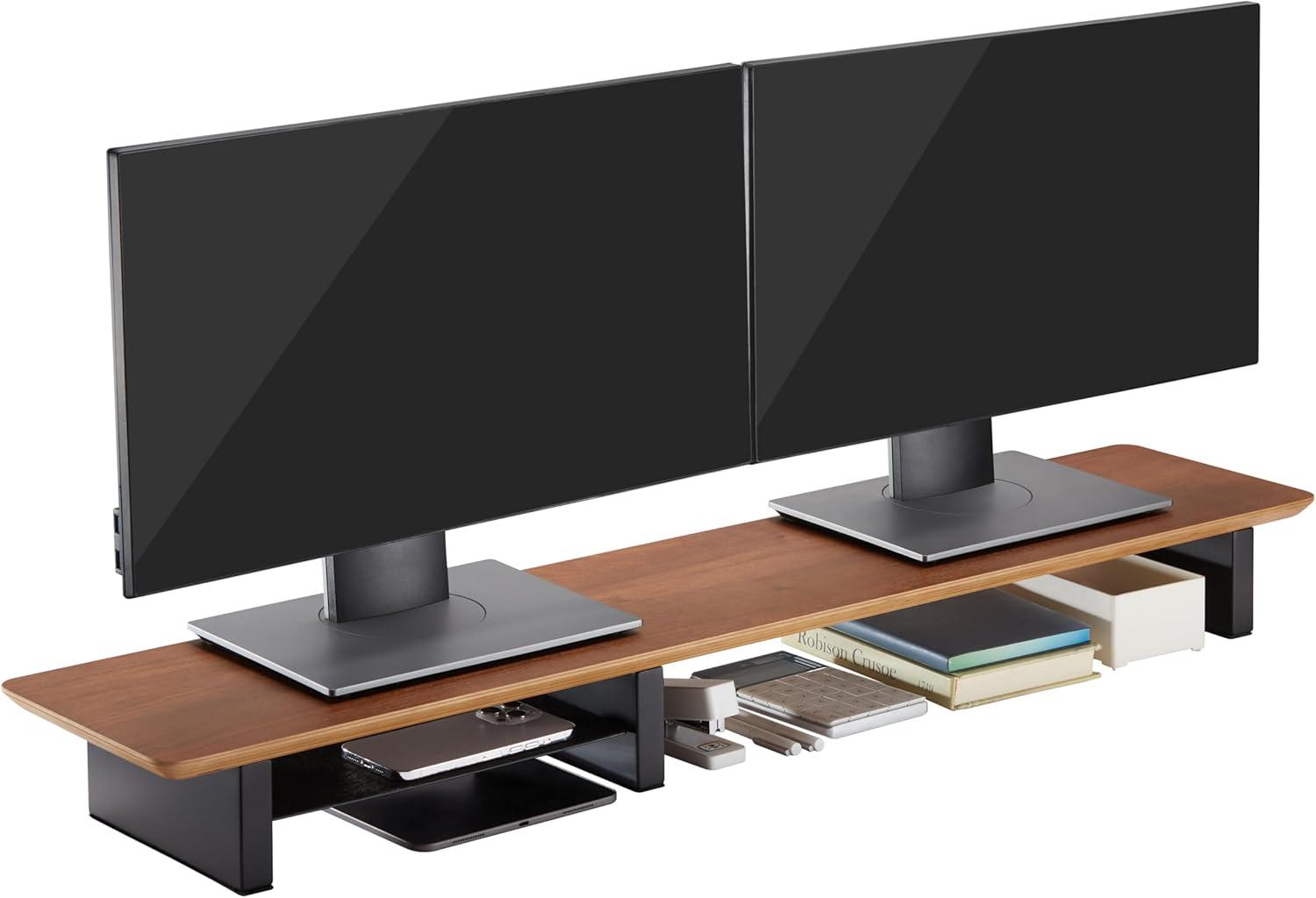 Walnut Monitor Stand for Desk (44 Inch) Large Monitor Stands for 2 Monitors, Desk Shelf for Top of Desk Walnut Monitor Shelf