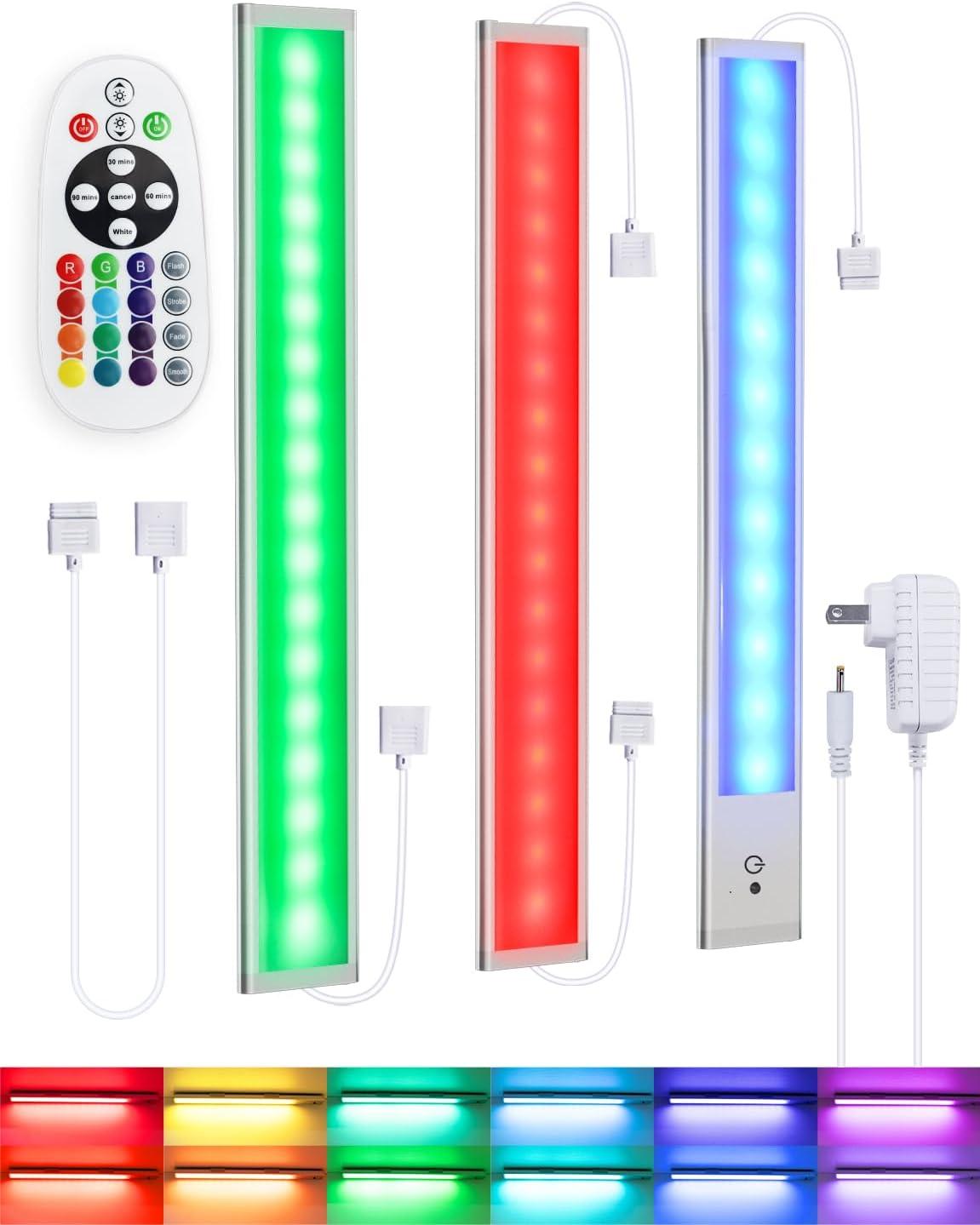 Remote Control RGB Lights Under Cabinet Lighting Rechargeable, 48-LED Wireless Kitchen Counter Lights Closet Light RGB Bar Perfect for Indoor Pantry Display Shelf Hallway 1 Pack, 15 Color Changing