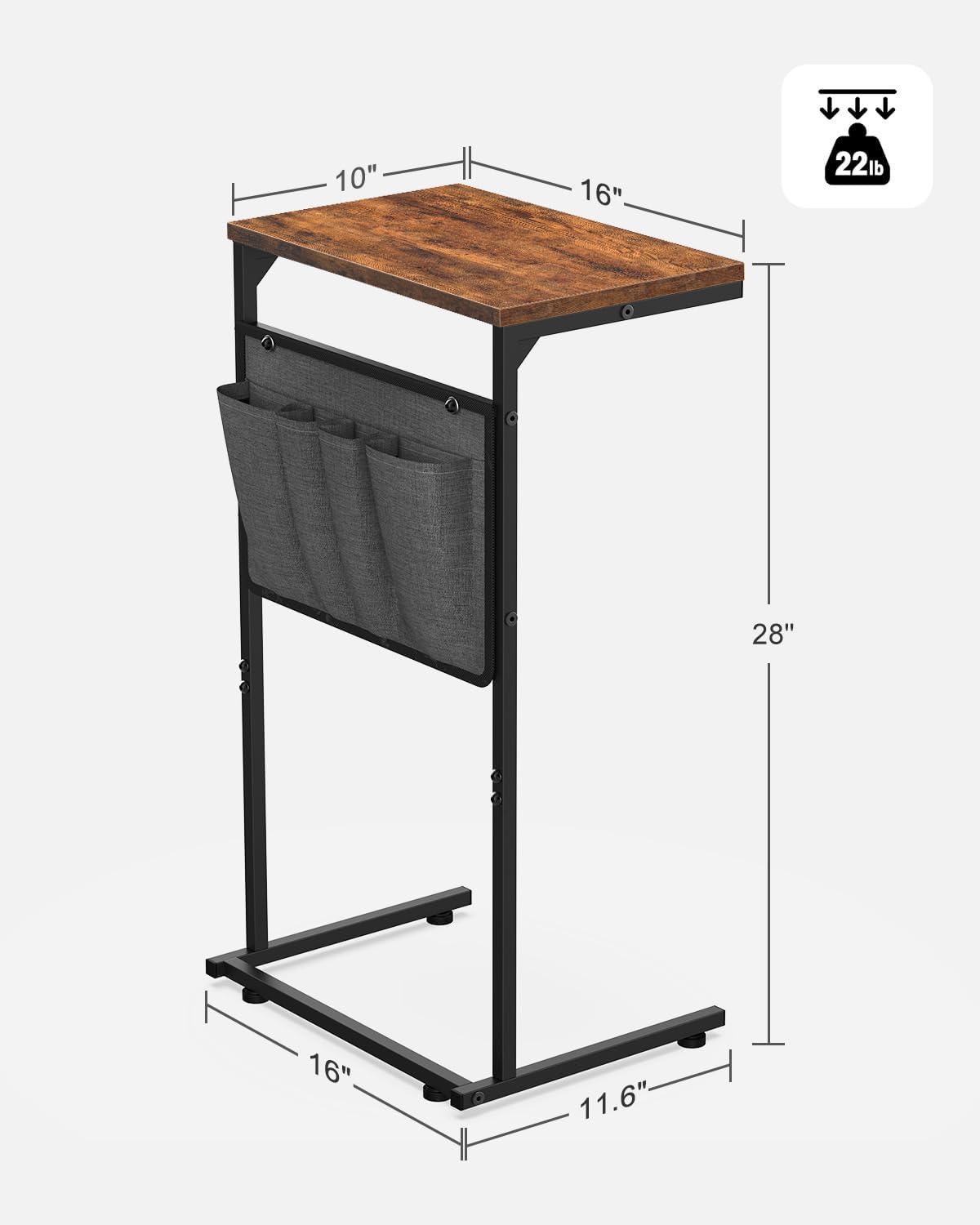 Set of 2 C-Shaped End Tables: Slide Under Sofa with Storage Bag, Metal Frame, Living Room & Bedroom, Rustic Brown