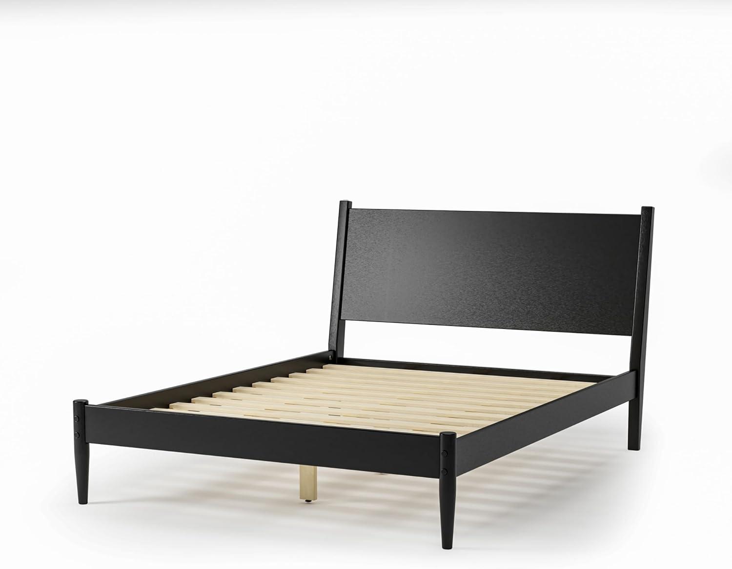 Camaflexi Mid Century Platform Bed Wood Panel Bed Frame with Headboard, Queen, White