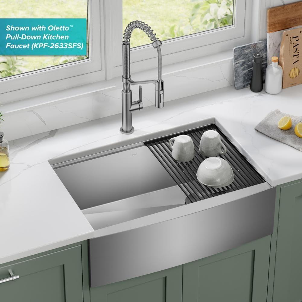 KRAUS Kore™ Workstation 30-inch L 16 Gauge Stainless Steel Single Bowl Farmhouse Kitchen Sink with Accessories