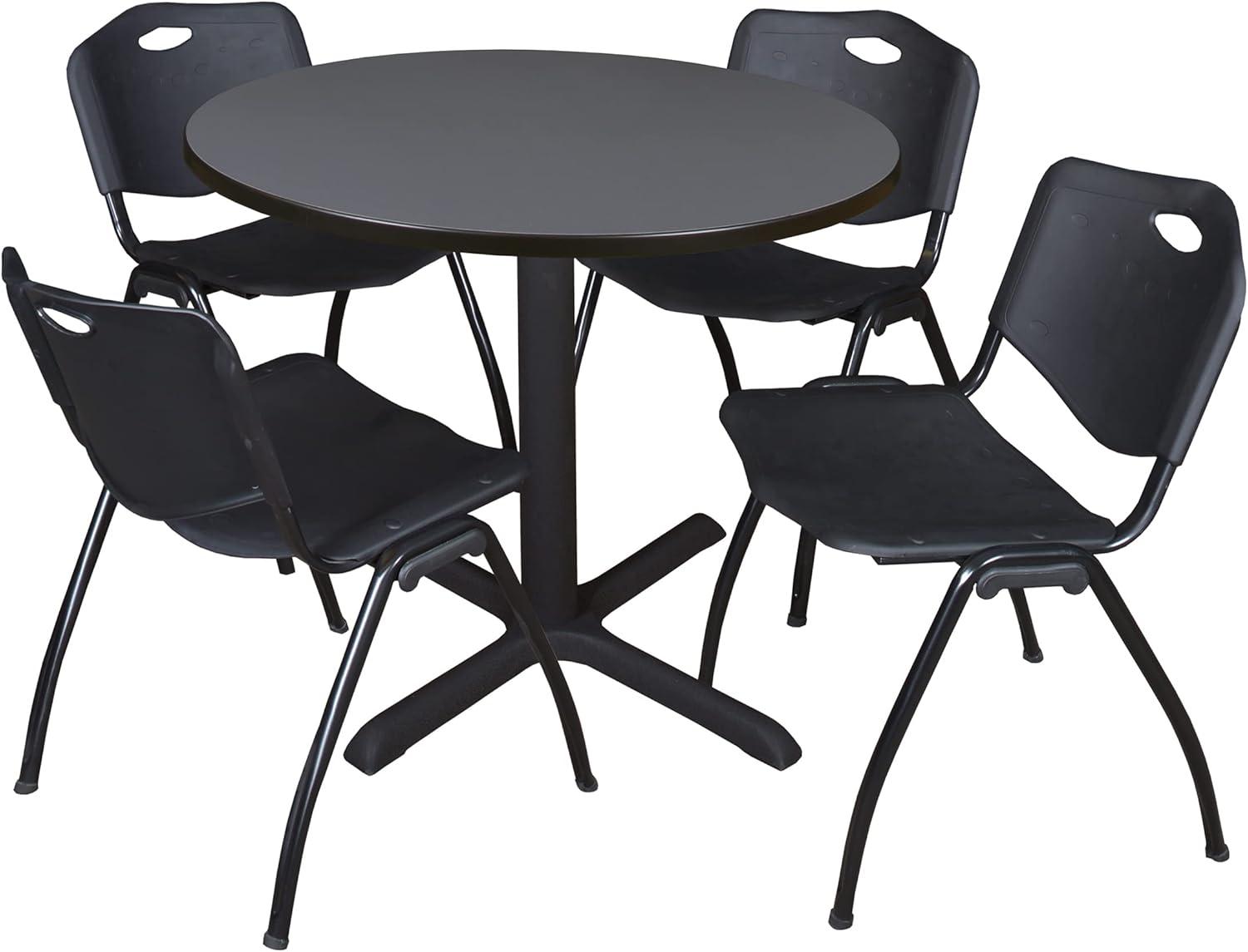 Cain 42" Grey Round Breakroom Table and 4 'M' Stack Chairs, Multiple Colors