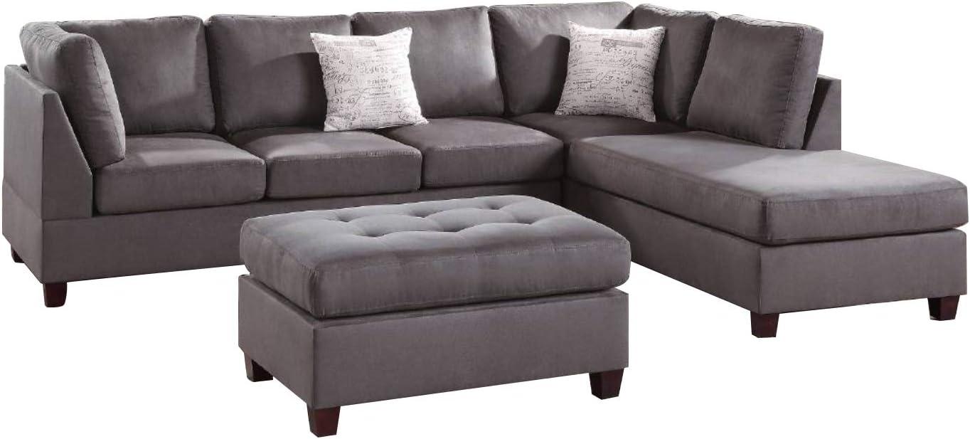 Poundex 3 Piece Fabric Sectional Sofa Set with Ottoman in Gray