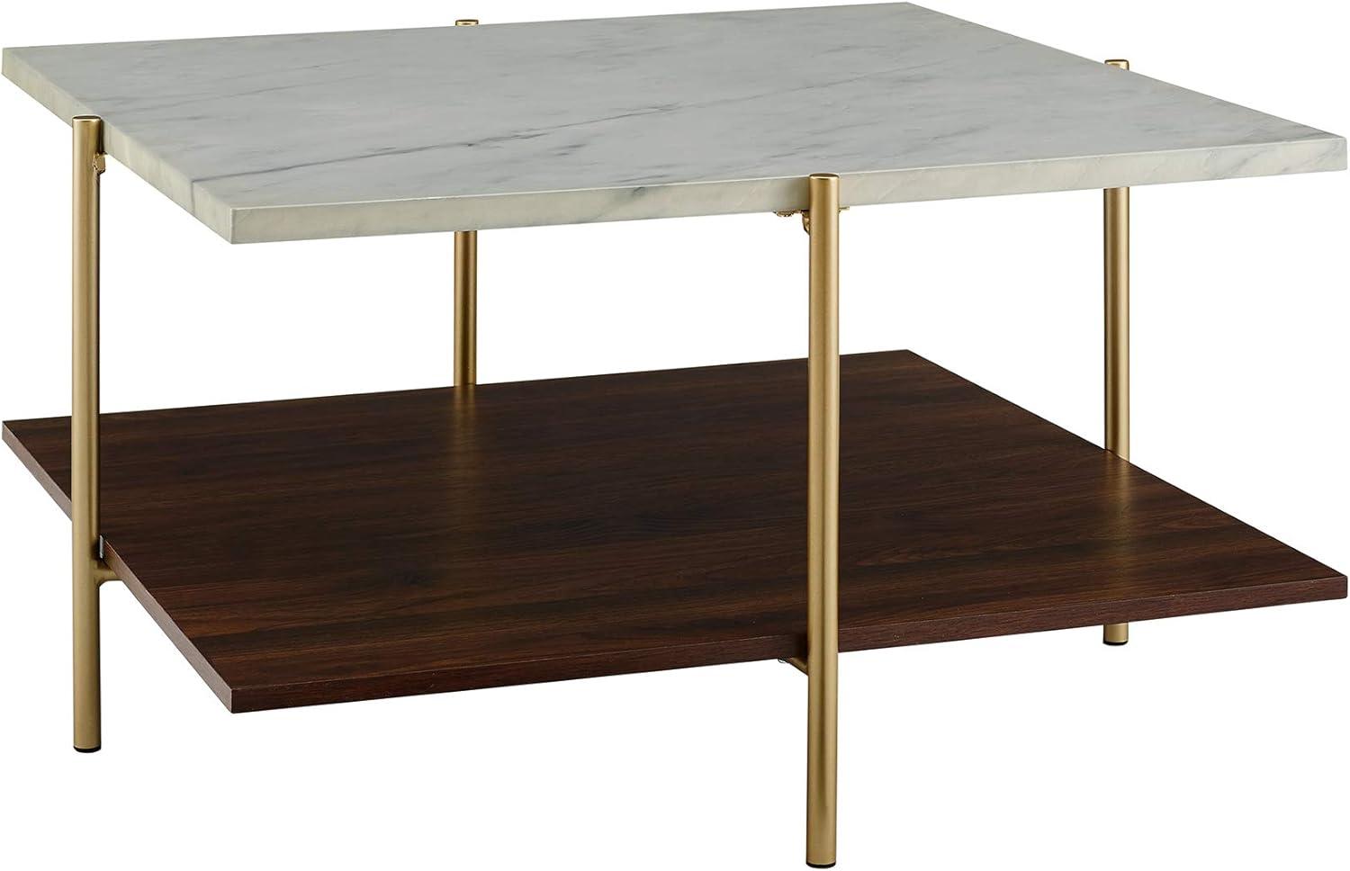 32 inch Square Coffee Table in Faux Marble and Gold