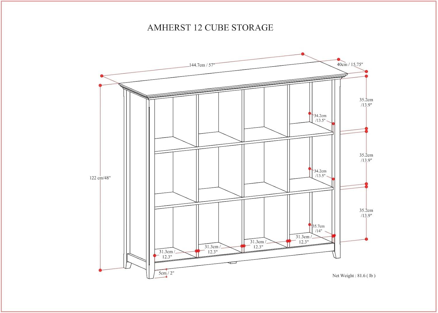 Hickory Brown 57" Solid Wood 12-Cube Storage Bookcase