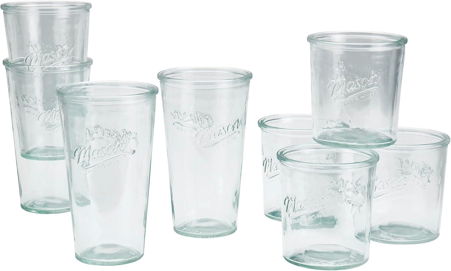 Mason Craft & More 8 Piece Glass Drinkware Set of Tall and Short Tumblers Set, 4- 15 oz. and 4- 20 oz.