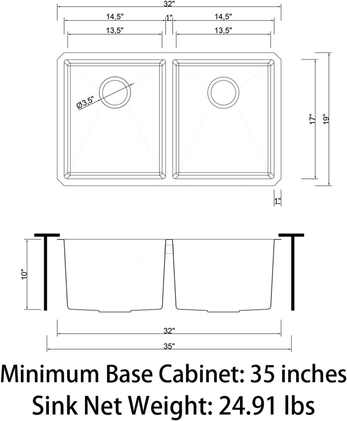 Sinber  Undermount Double Bowl 304 Stainless Steel Kitchen Sink 32" x 19" x 10"(18 Gauge Sink Only) - Black