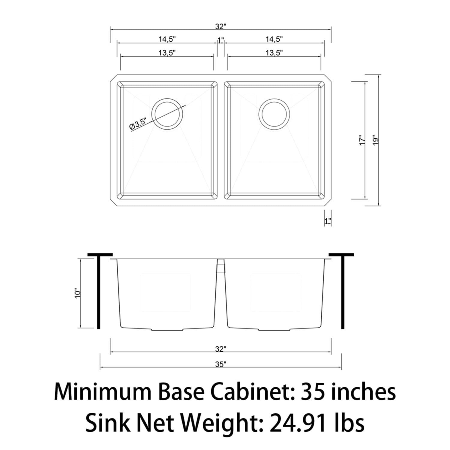 Sinber  Undermount Double Bowl 304 Stainless Steel Kitchen Sink 32" x 19" x 10"(18 Gauge Sink Only) - Black