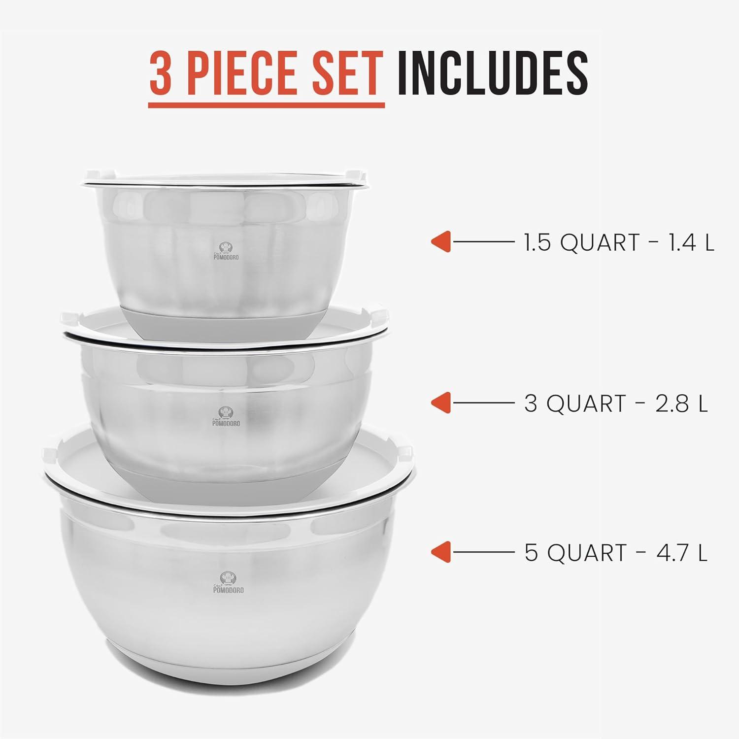 Chef Pomodoro Stainless Steel Mixing Bowl Set with Lids, 3-Piece