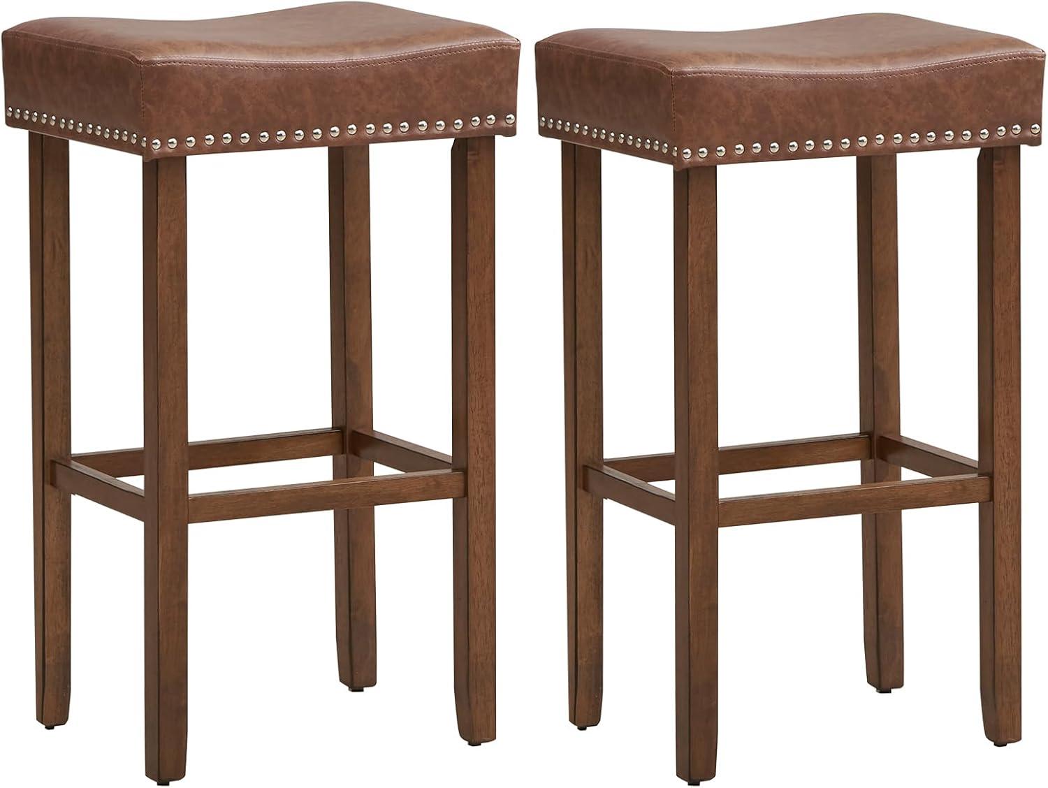 Spaco Upholstered Bar Stools Set of 2 with Footrests for Counter-Brown, Bar Height Stools, Counter Height Bar Stools for Kitchen, Dining Room