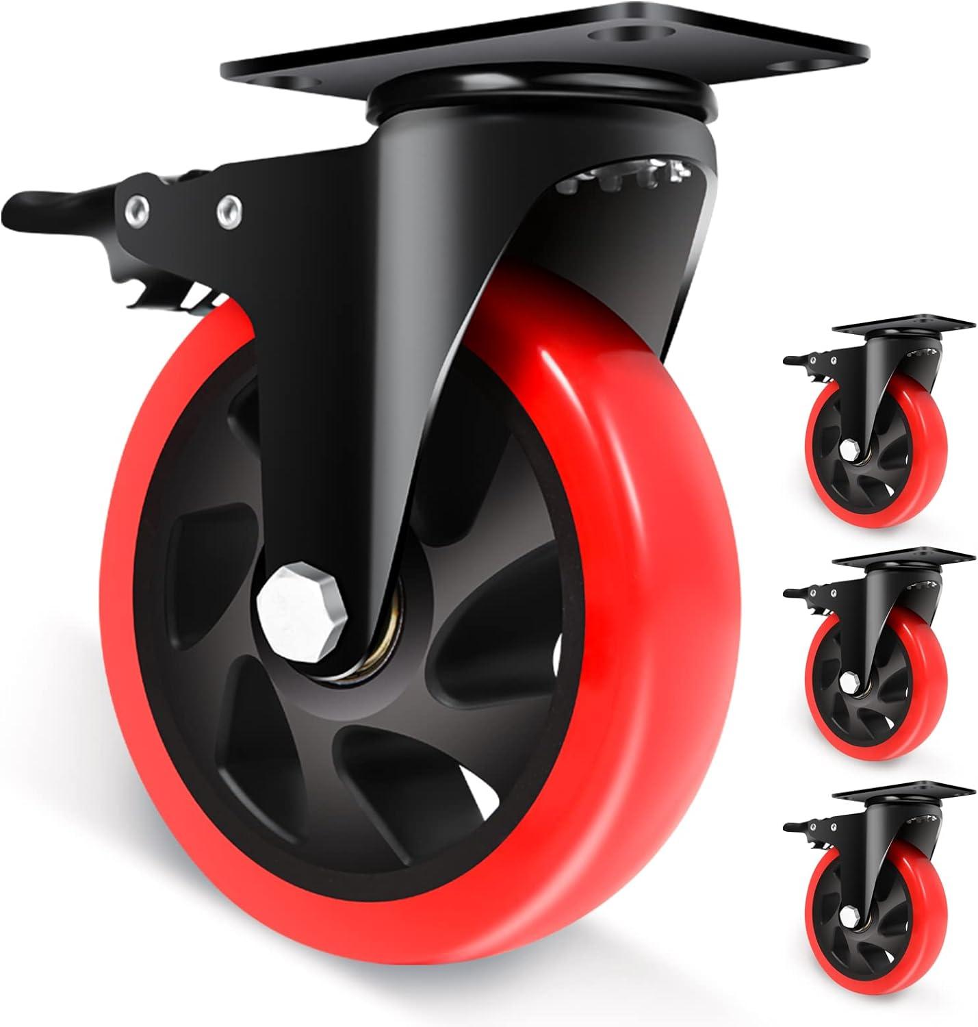 Heavy Duty 5 Inch Red Polyurethane Swivel Caster Wheels with Brake