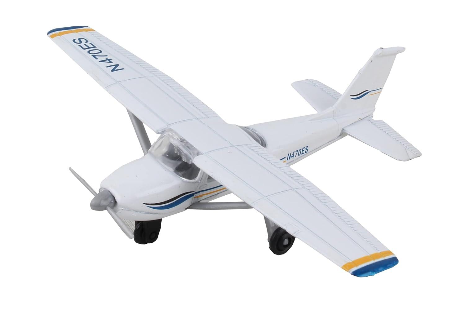 Cessna 172 Aircraft White with Blue and Yellow Stripes "N470ES" with Runway Section Diecast Model Airplane by Runway24