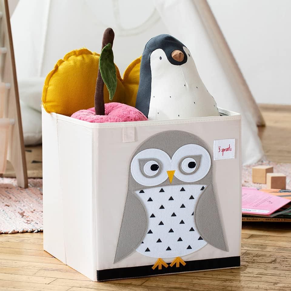 3 Sprouts Children's Foldable Fabric Storage Cube Box Soft Toy Bin, Friendly Owl