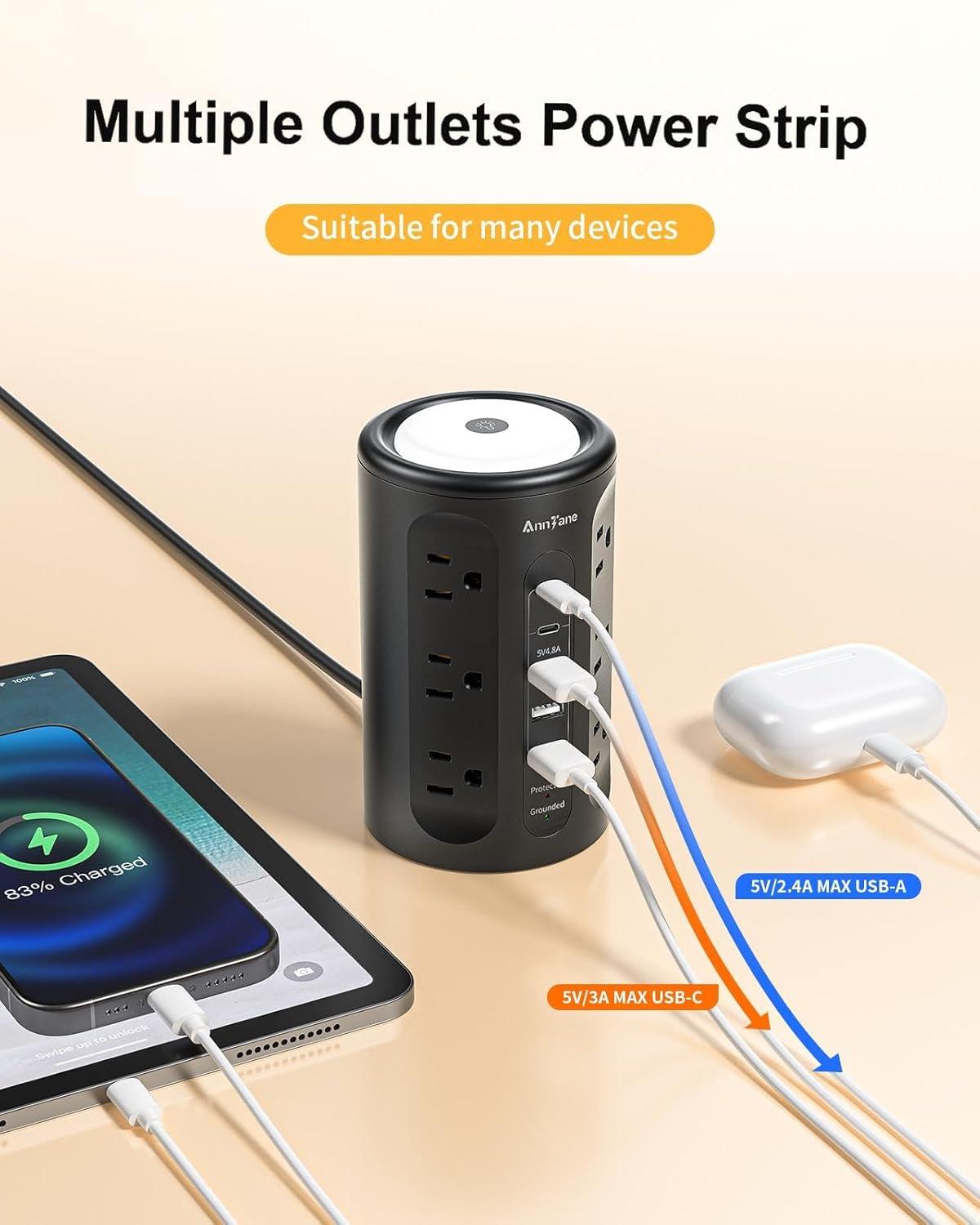 Power Strip Tower with Night Light, Power Strip Surge Protector with USB Ports, Extension Cord 10 FT with Multiple Outlets (12AC+3A+2C) for Home Office Desk DormRoom (Black)