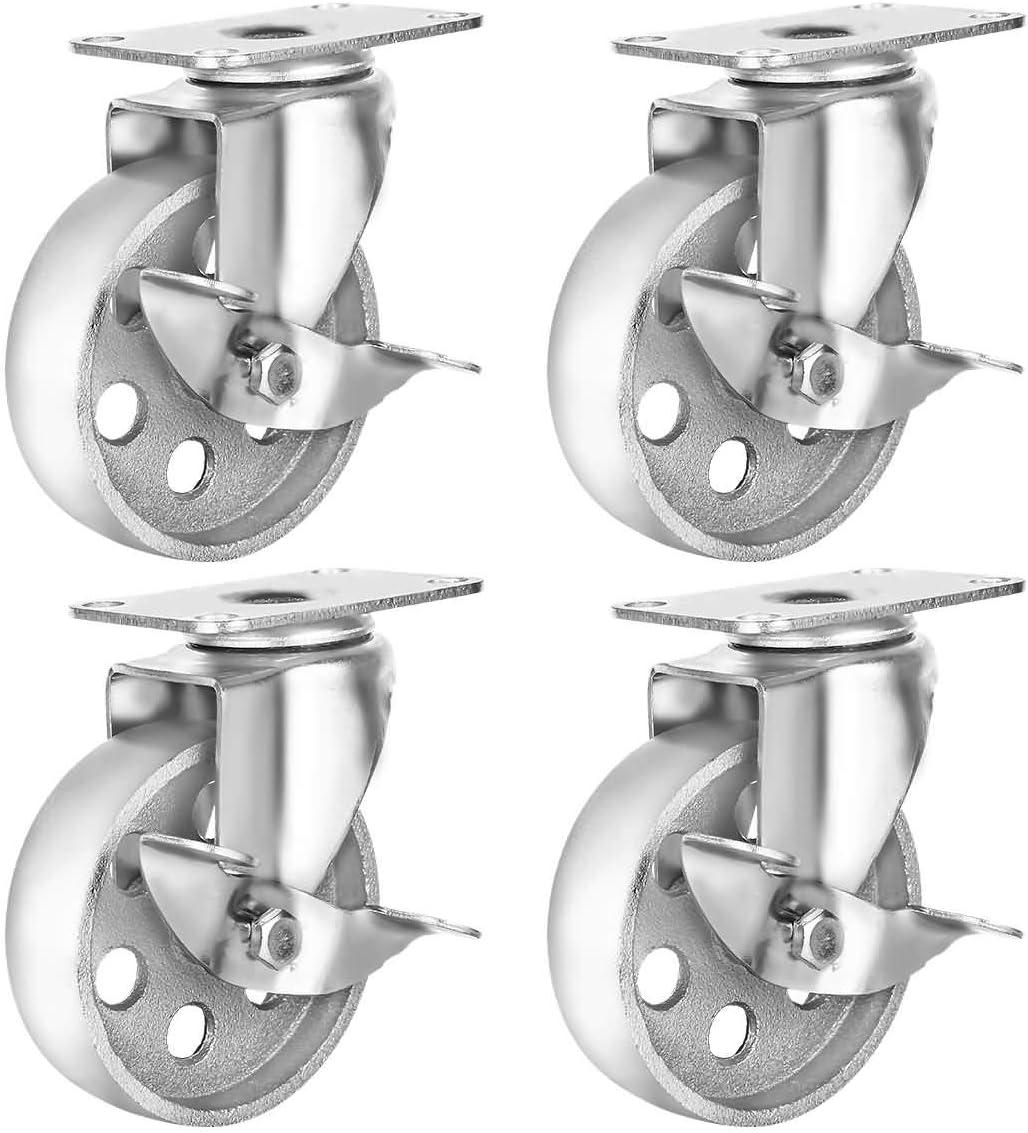 Heavy-Duty Gray Iron Swivel Plate Caster Wheels with Brake Lock, 4-Pack