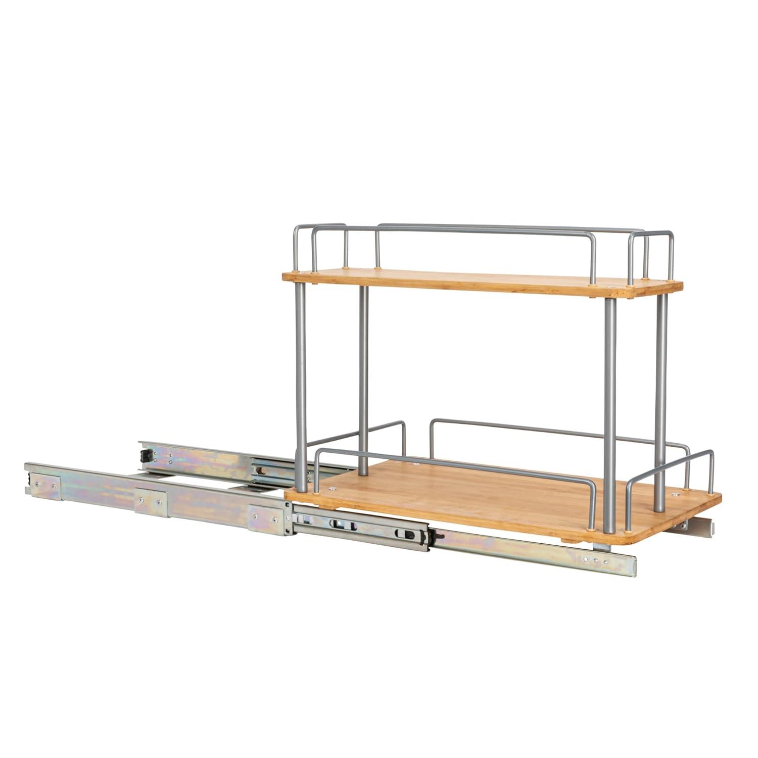 Glidez Steel and Bamboo Pull-Out/Slide-Out Storage Organizer for Under Sink or Cabinet Use - 2 -Tier Design - Brushed Silver and Natural