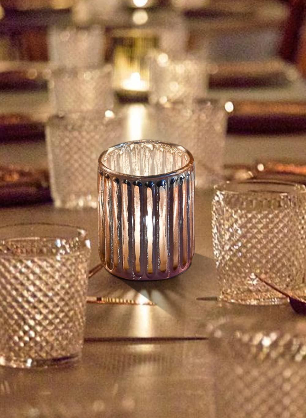 Serene Spaces Living Set Of 6 Pink Vintage Votive Holder, Tealight Holder, Stainglass Candle Holder, Ideal For Weddings, Parties, Indoor & Outdoor Events, Home Decor, Measures 2.5" Tall & 3" Diameter