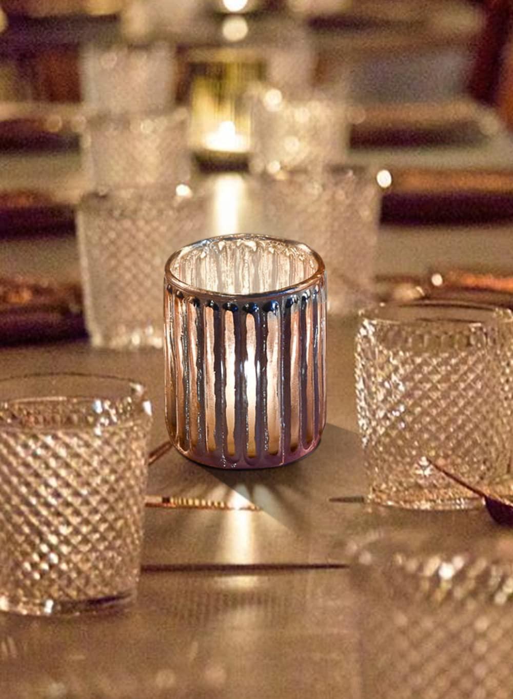 Serene Spaces Living Set Of 6 Pink Vintage Votive Holder, Tealight Holder, Stainglass Candle Holder, Ideal For Weddings, Parties, Indoor & Outdoor Events, Home Decor, Measures 2.5" Tall & 3" Diameter