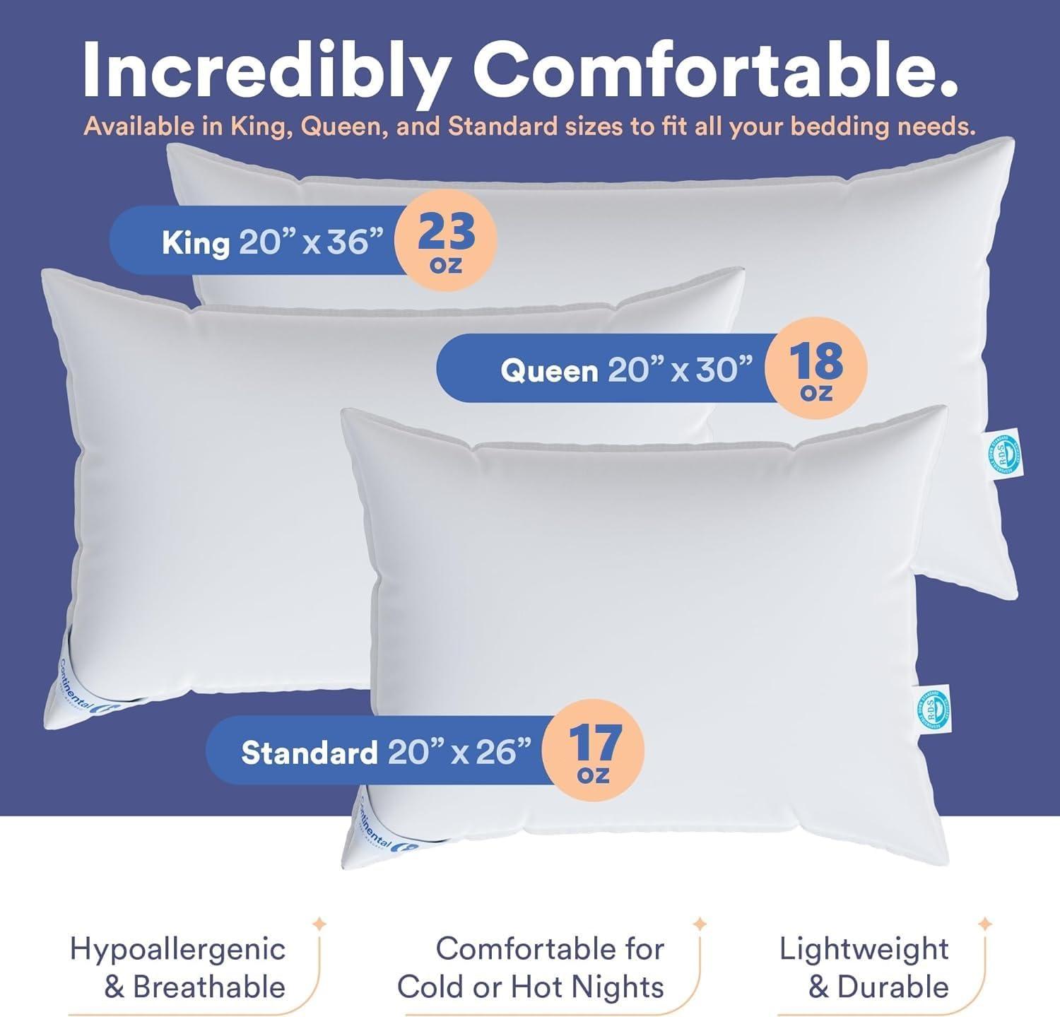 Continental Bedding Soft Luxury Down Pillows, Breathable Bed Pillows (Pack of 1)