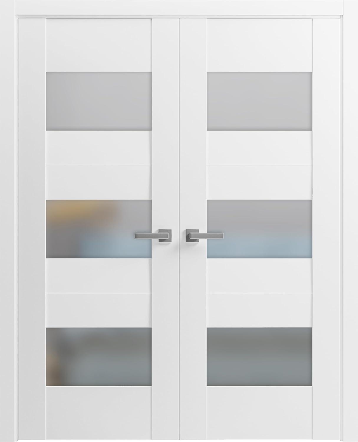 White Silk Solid French Double Doors with Opaque Glass Panels