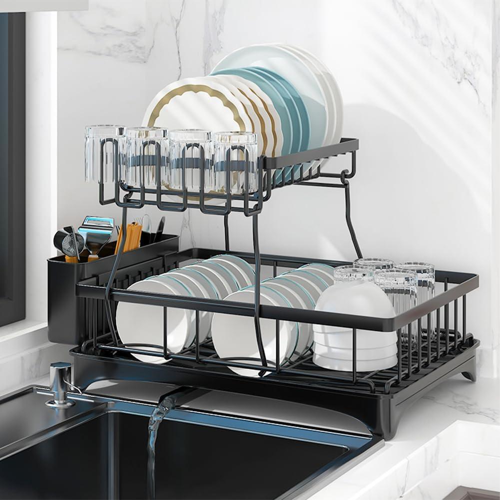 Black Carbon Steel 2-Tier Dish Drying Rack with Utensil Cup