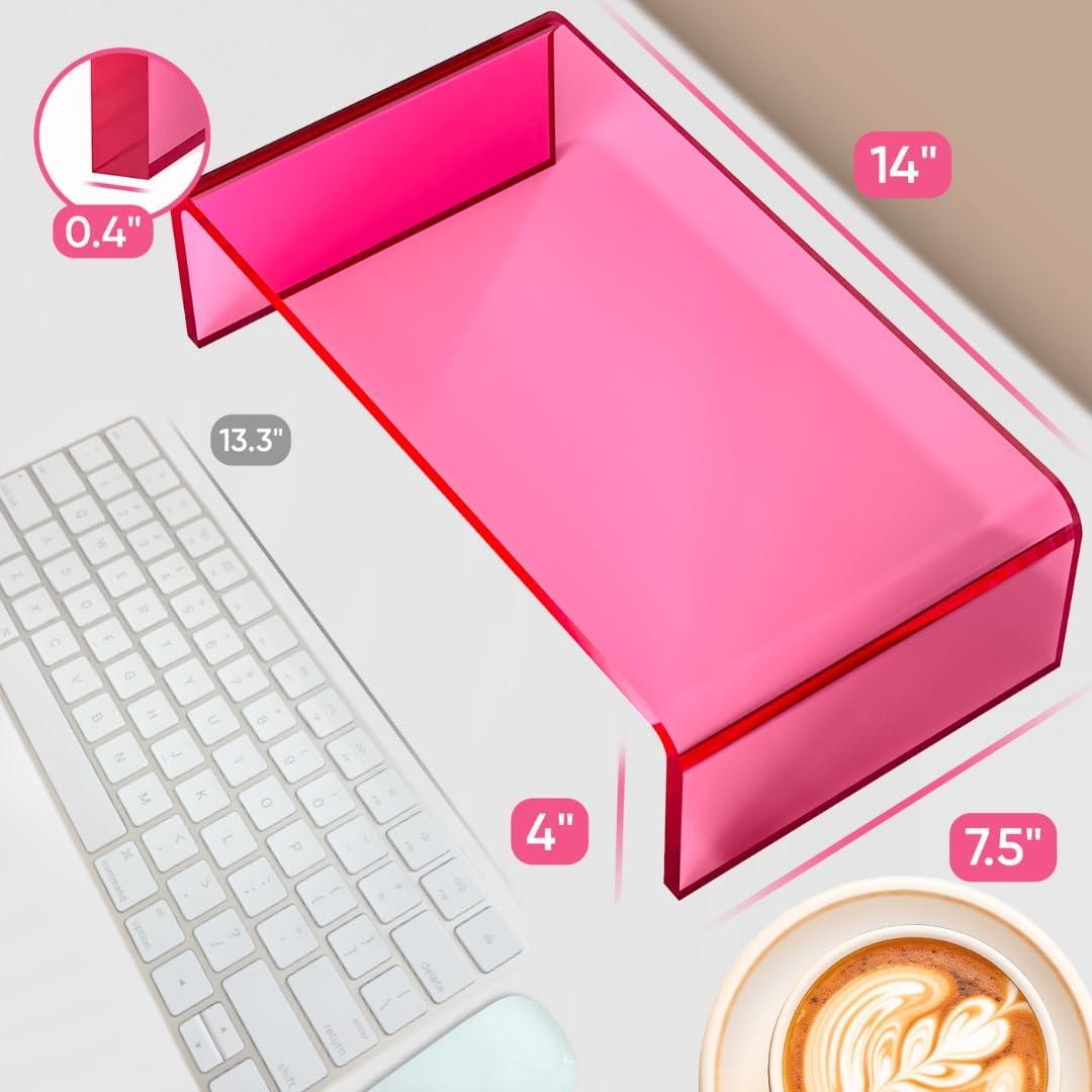 NovaMode Acrylic Monitor Stand - Ergonomic Desk Riser for Better Posture, Stylish & Modern Desktop Organizer, Computer Desk Stand for Monitors & Laptop - Bright Pink