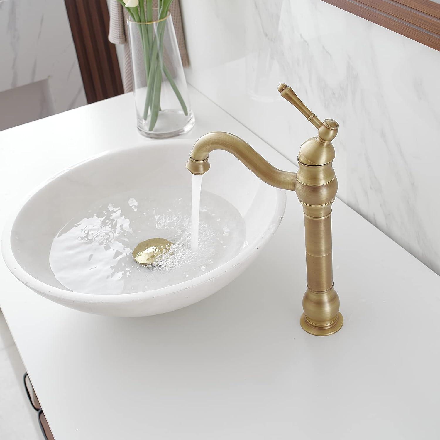 GGStudy 360° Swivel Antique Brass Bathroom Vessel Sink Faucet Single Handle One Hole Matching with Pop Up Drain