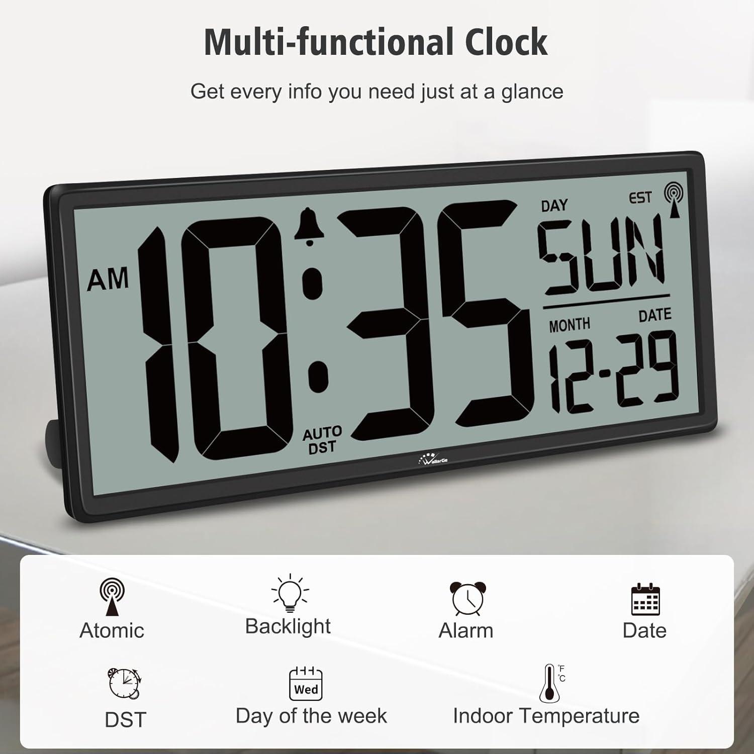 WallarGe 14.5'' Large Digital Wall Clock Battery Operated with Jumbo Numbers, Temperature and Date - Easy to Read and Set, Auto DST